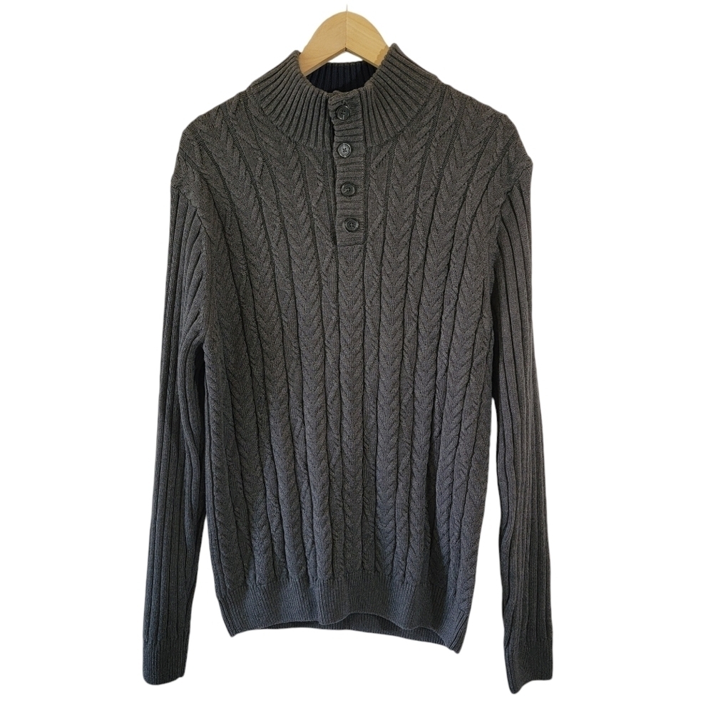 Jos. A. BANK Men's Gray Fisherman  Sweater L Chunky Cable Knit Henley Button-Up